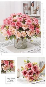 Detailed view of red bean paste silk roses in a textured glass vase for home decor