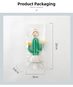 Detailed size view of handmade boho green cactus keychain with dimensions 20cm x 8cm