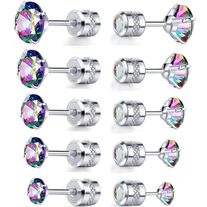 Lot de 5 paires de boucles d'oreilles en acier inox avec zircons arc-en-ciel