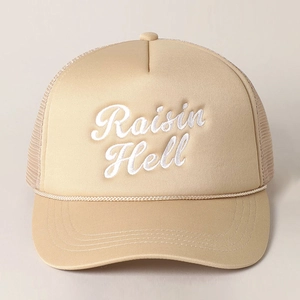 Beige trucker hat with Raisin Hell embroidery, breathable mesh and braided rope cord