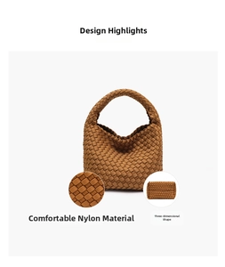 Detailed view of caramel brown woven nylon tote bag with 3D semi-moon shape and texture