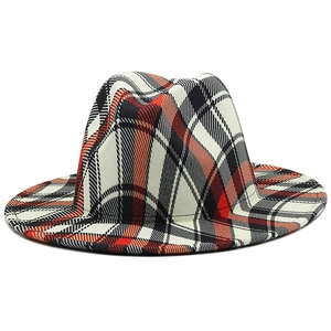 British style red plaid fedora hat with a flat wide brim and classic checkered pattern