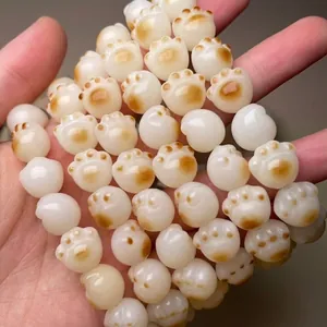 Ethnic Style White Jade Bodhi Seed Cat Paw Beaded Bracelet Charcoal Roasted Carved Animal Claw Charm Hand Chain Jewelry Gift