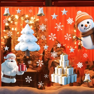 3D cartoon Christmas window stickers featuring Santa Claus, snowman, and tree decor