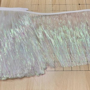 White iridescent tinsel fringe trim with 20cm metallic tassels for festive costume decor