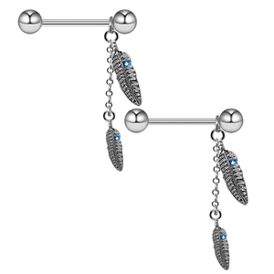 Silver stainless steel nipple rings with dangling feather charms and blue rhinestones