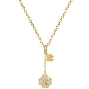 Elegant gold clover pendant necklace with sparkling zircons and tassels on a dainty chain