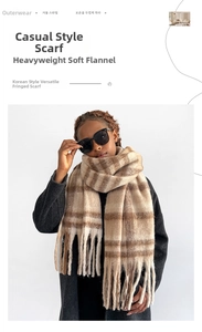 Detail shot of heavy mohair texture and long tassels on beige plaid winter scarf