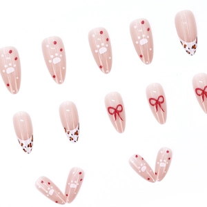 French leopard and bow press-on nails with plaid blush design in a 24pcs set