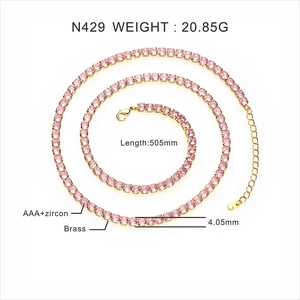 Detailed view of pink AAA+ zircon necklace with gold brass base and sizing data
