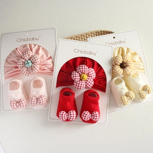 Floral baby turban hat and plaid bow socks set in pink, red, and beige colors