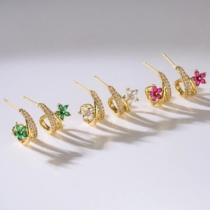 Three pairs of 18K gold plated floral hoop earrings with green, white, and red zircon gems