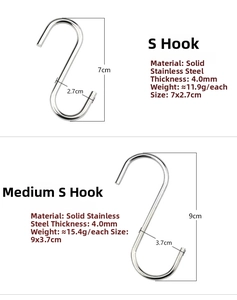 Detailed dimensions of 4mm thick stainless steel S-hooks showing size and weight specs