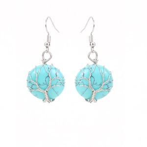 Detailed wire-wrapped tree of life design on round turquoise gemstone drop earring
