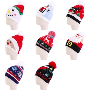 Collage of Christmas knit beanies with reindeer and santa patterns and pom-poms