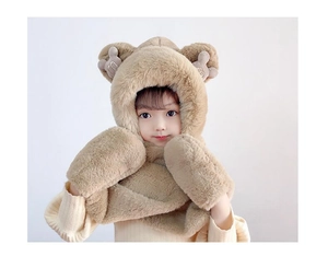 Close-up of kids warm 3-in-1 plush hat scarf and gloves set with cute bear ears in khaki