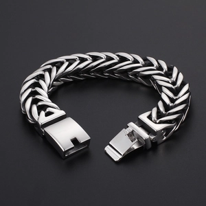 Polished silver V-shape double-layer chunky titanium steel bracelet for men