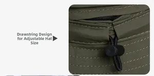 Detail of army green outdoor sun hat showing ponytail hole and adjustable drawstring