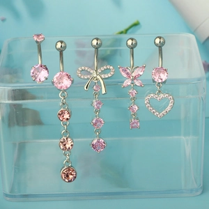 5Pcs set of pink zircon belly rings featuring bow, butterfly, and heart silver dangles