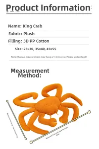 Size chart for king crab plush toy showing dimensions and 3D PP cotton material details