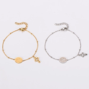 Minimalist stainless steel bracelet with Miraculous Medal and cross charms in gold and silver