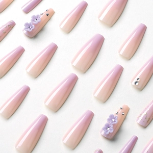 Purple gradient long coffin press-on nails with 3D flowers and rhinestone details