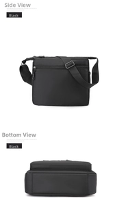 Detail view of the durable black crossbody bag showing its back zipper and wide bottom