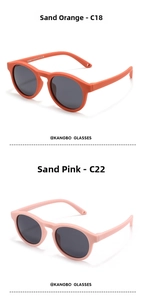 Detail view of round frame matte silicone sunglasses for toddlers in sand orange and pink