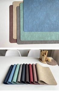 Macro shot showing textured faux leather placemats in multiple colors for home dining tables