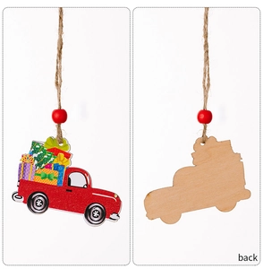 Front and back detail of a wooden Christmas truck pendant with gift boxes and red beads