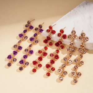 Boucles D'oreilles Longues À Pampilles Fleur De Rose Alliage Strass Avec Tige En Argent 925 Sterling Pour Femmes