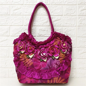 Fuchsia tote bag with 3D satin rose flower and elegant ruffle trim detail