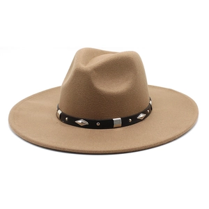 Camel wide brim wool felt jazz fedora hat with bohemian studded leather band and rivets