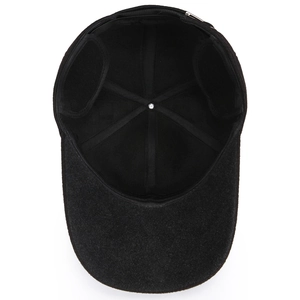 Black wool winter baseball cap with ear flaps and thermal lining for cold weather