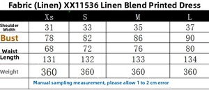 Size chart for summer floral linen blend dress showing bust, waist, and length dimensions