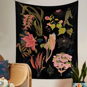Detailed botanical flower chart tapestry with vintage numbered plant illustrations on wall