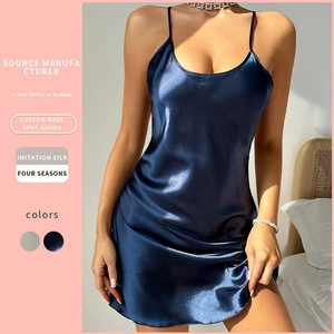 Women Sexy Spaghetti Strap Nightgown Imitation Satin Satin Backless V Neck Sleepwear Dress Smooth Breathable Home Wear