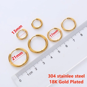 Polished 18K gold plated stainless steel hoop earrings in 13mm, 17mm, and 21mm sizes