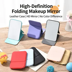 Portable Makeup Mirror Folding PU Leather Cover HD Compact Tabletop Travel Vanity Mirror With Adjustable Stand