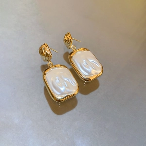 Dangle Earrings With 925 Sterling Silver Earring Post Copper Faux Artificial Pearl Rectangular Hammered Texture French Retro Women