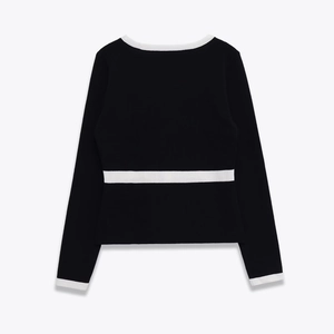 Slim fit black knit cardigan with white contrast edges and long sleeves, back view display