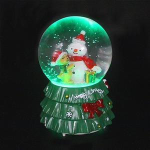 Close-up of glowing Christmas snow globe with snowman, bear, and tree-shaped base