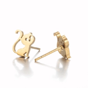 Golden cat silhouette stud earrings in brushed stainless steel on white background