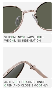 Detail of silicone nose pads and rust-proof metal hinges on round frame sunglasses