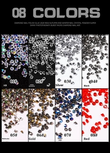 Close-up of 8-color set of multifaceted iridescent nail rhinestones and micro beads