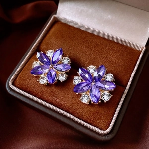 Purple Flower Stud Earrings Alloy Crystal With Silver Earring Post Vintage French Style Elegant For Women Jewelry