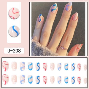 French abstract wave almond press-on nails in blue, red, and beige, 24-piece full set
