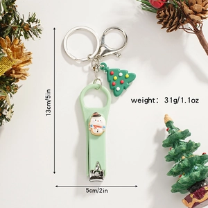 Detail of light green Christmas snowman nail clipper keychain with dimensions and weight