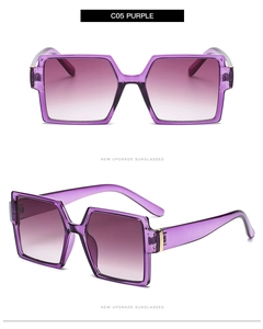 Detail view of purple square frame sunglasses with metal hinges and high-quality finish