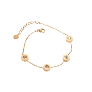 Gold stainless steel link bracelet with Roman numeral charms and sparkling zircons